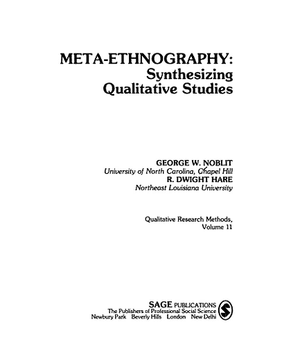 Meta-Ethnography: Synthesizing Qualitative Studies