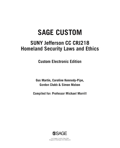 Custom: SUNY Jefferson CC CRJ218 Homeland Security Laws and Ethics SAGE Custom Electronic Edition, 1st Edition